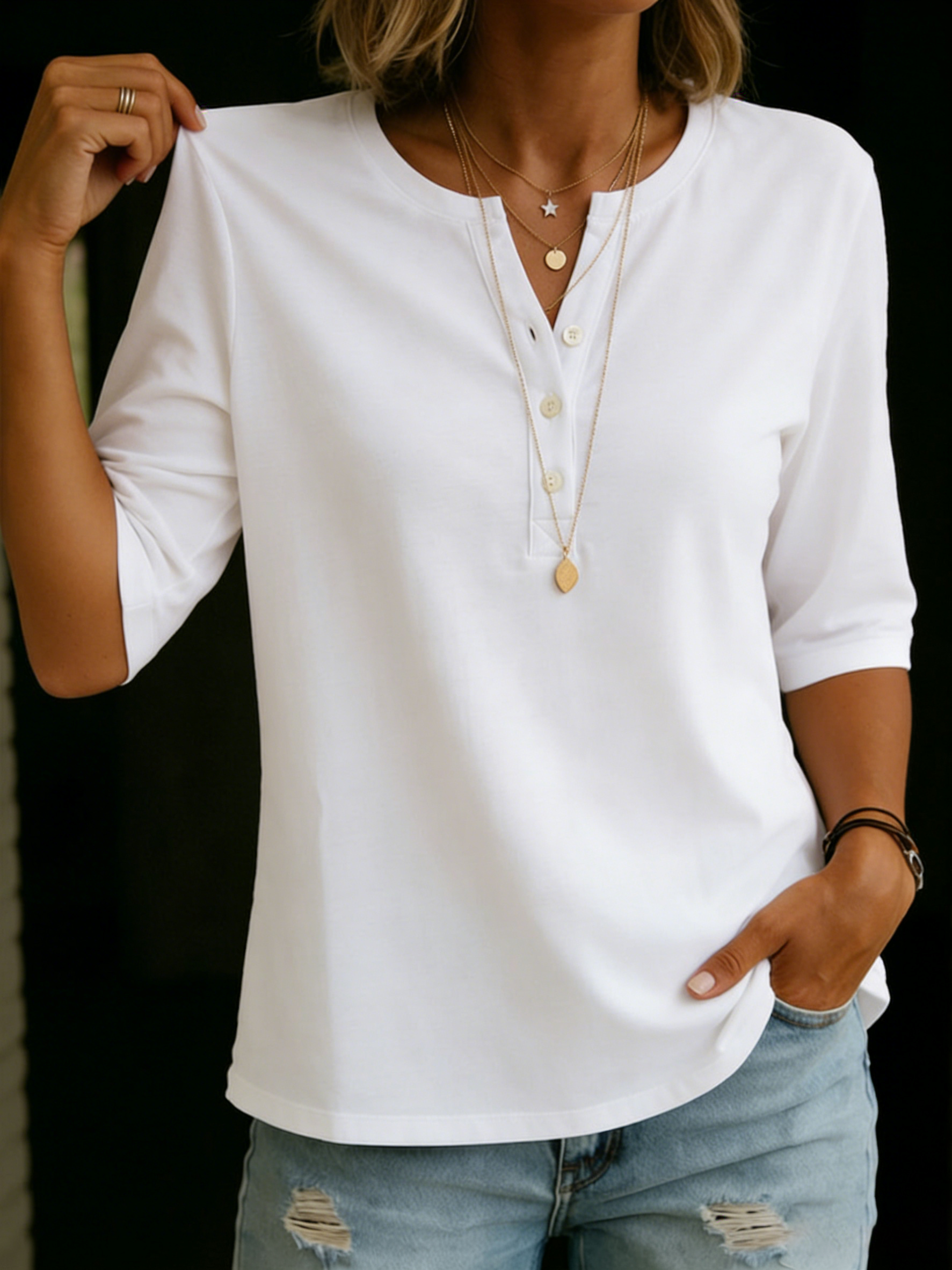 Pauline | Henley Button Top with 3/4 Sleeves & Relaxed Fit