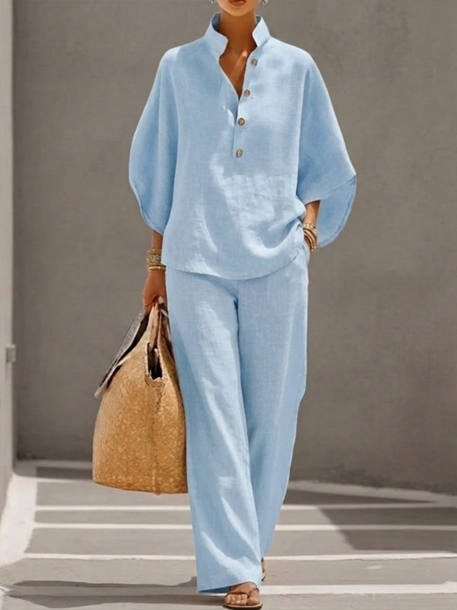 Mariel | Cotton and linen outfit with batwing sleeves and wide-leg trousers