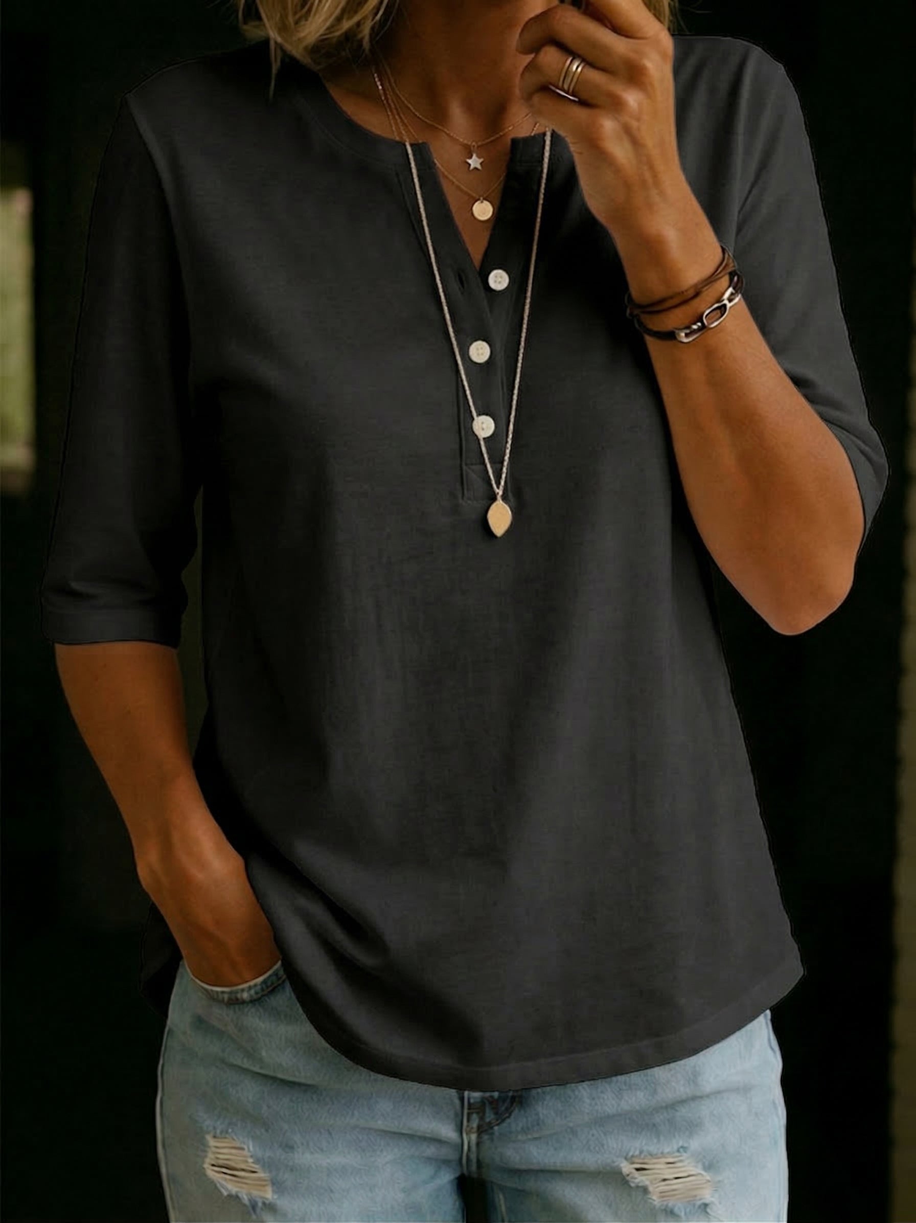 Pauline | Henley Button Top with 3/4 Sleeves & Relaxed Fit