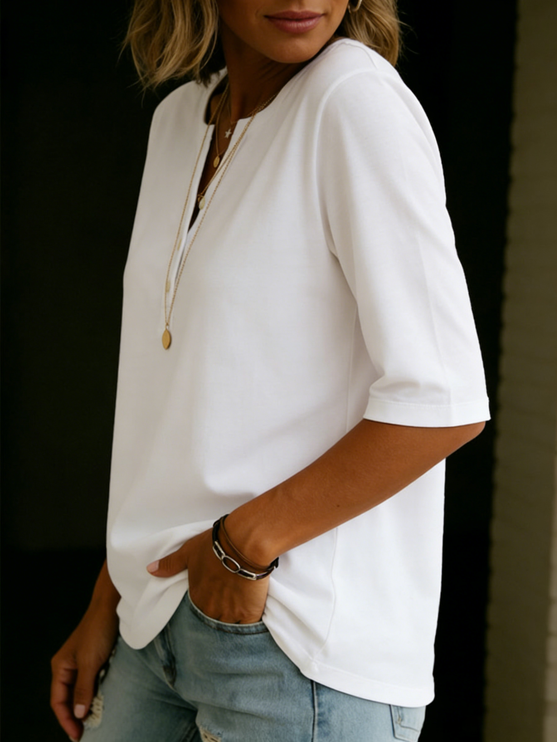 Pauline | Henley Button Top with 3/4 Sleeves & Relaxed Fit