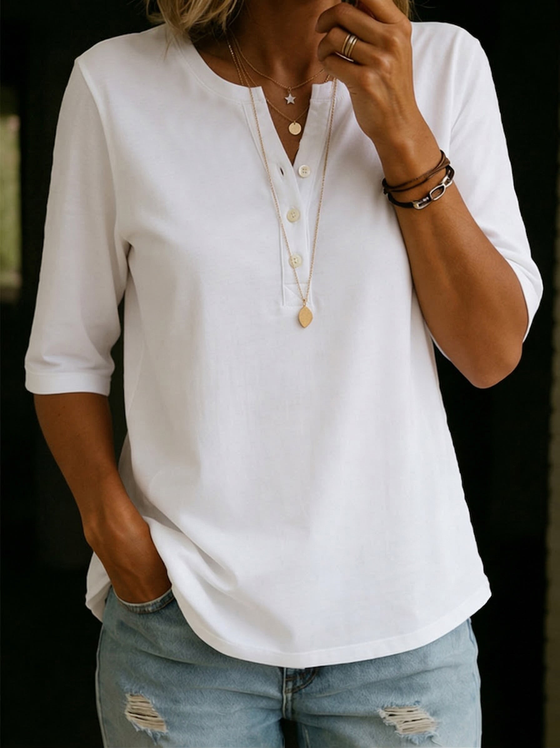 Pauline | Henley Button Top with 3/4 Sleeves & Relaxed Fit