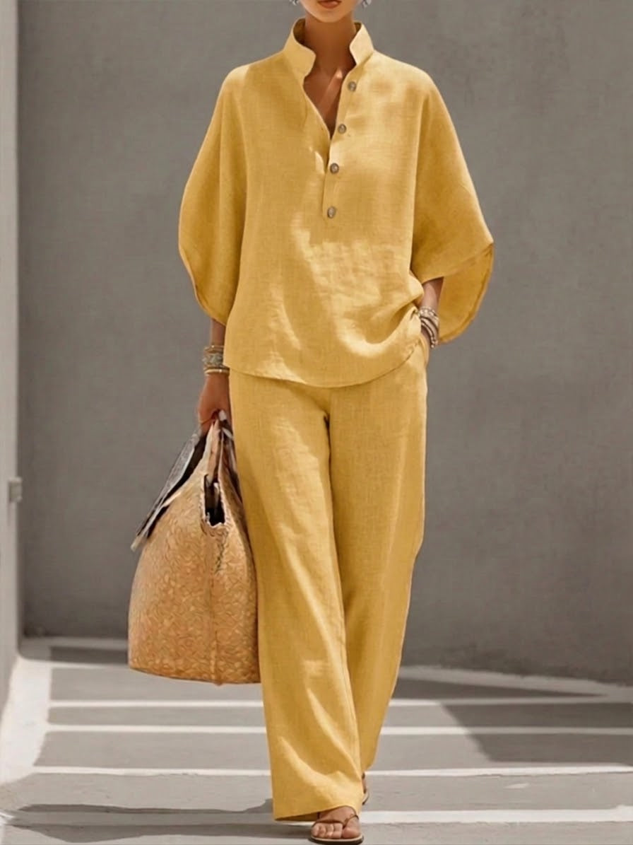 Mariel | Cotton and linen outfit with batwing sleeves and wide-leg trousers