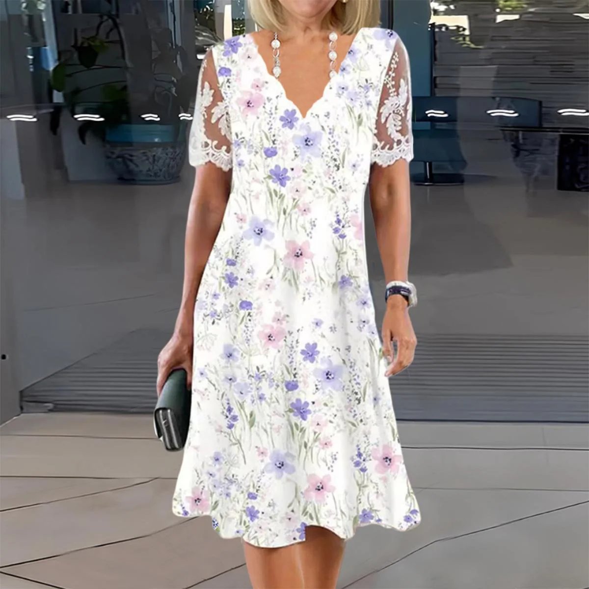 Eleanor™ | Lace Sleeve Floral Print Midi Dress