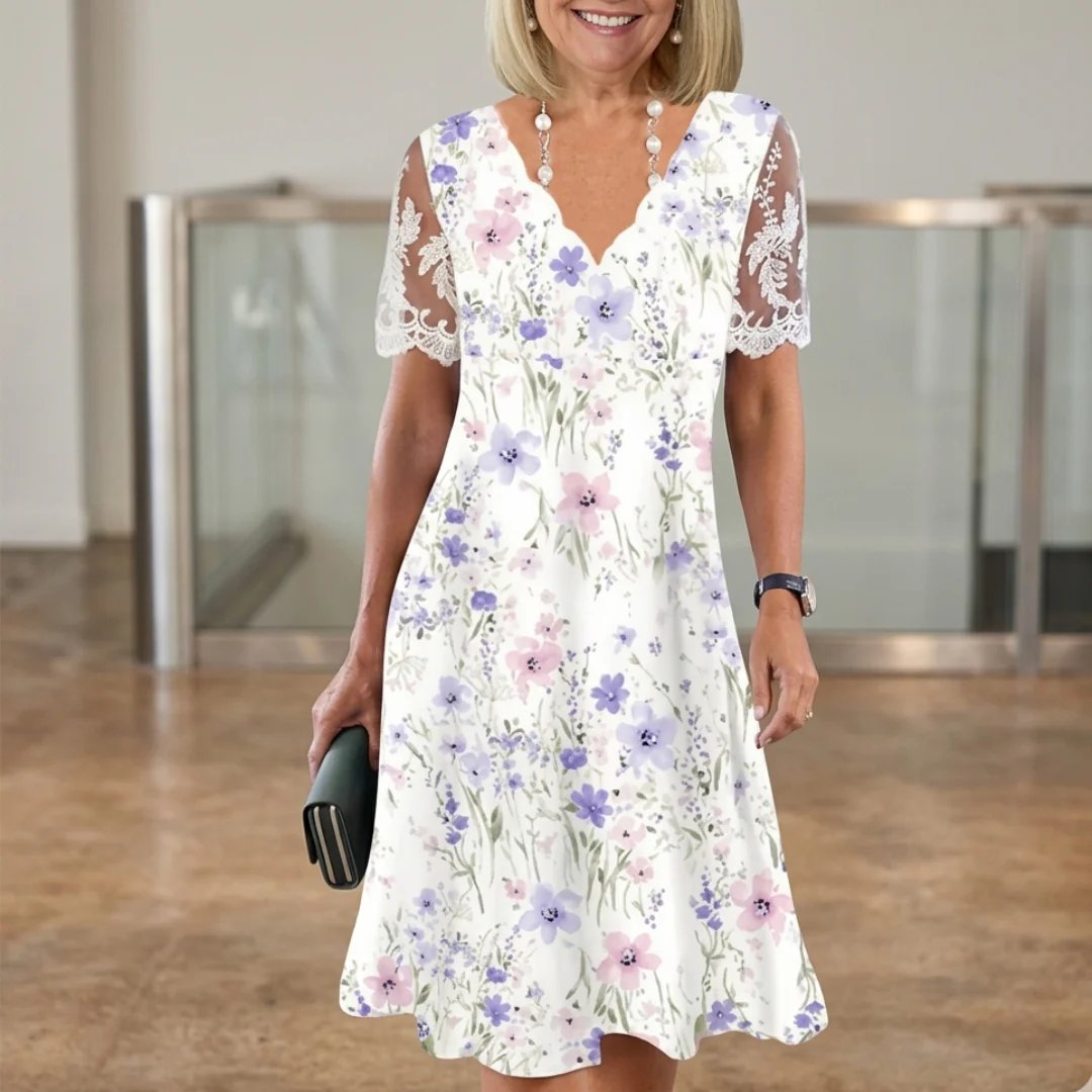 Eleanor™ | Lace Sleeve Floral Print Midi Dress