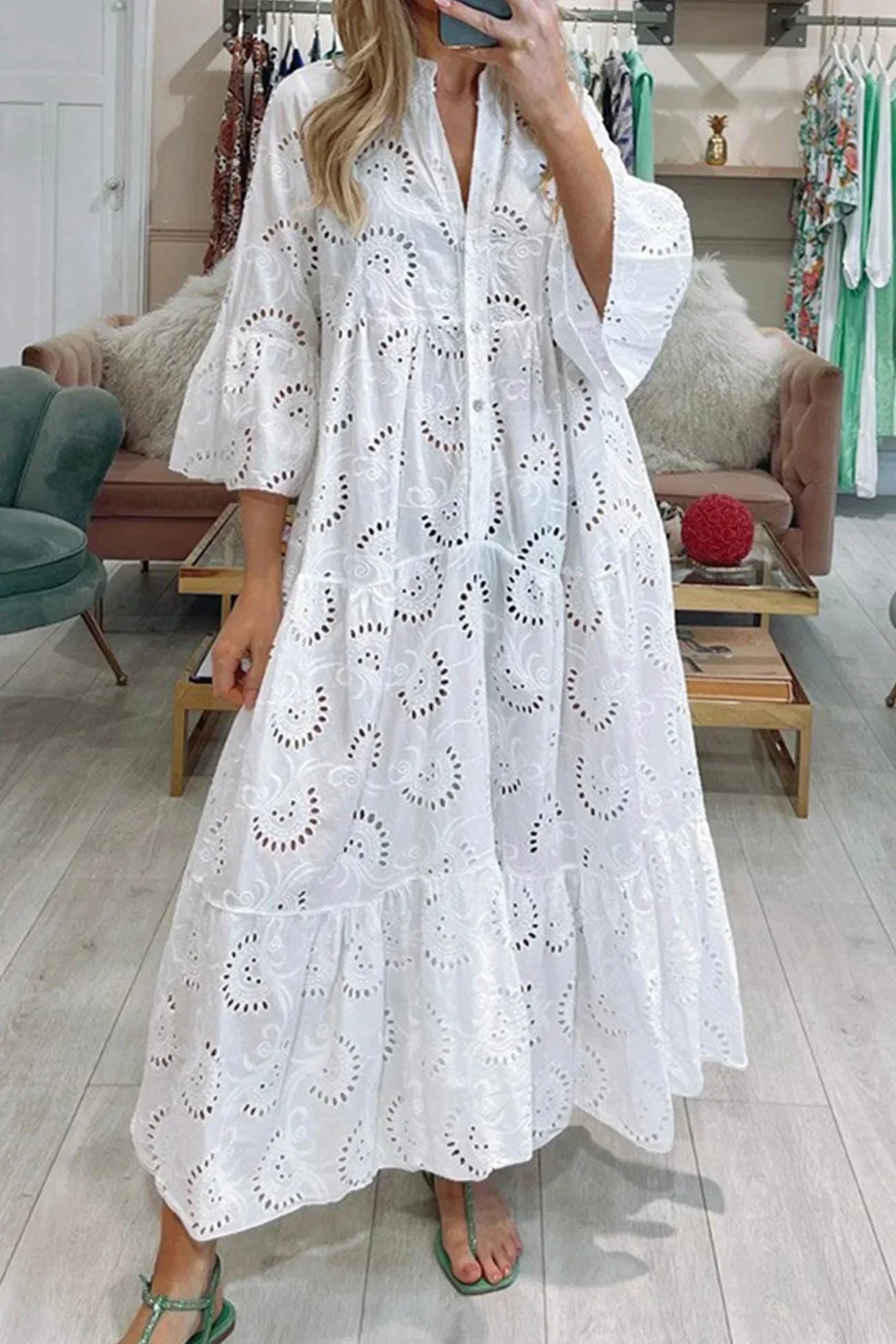 Isabelle | Romantic Eyelet Embroidery Maxi Dress with Elegant 3/4 Sleeves