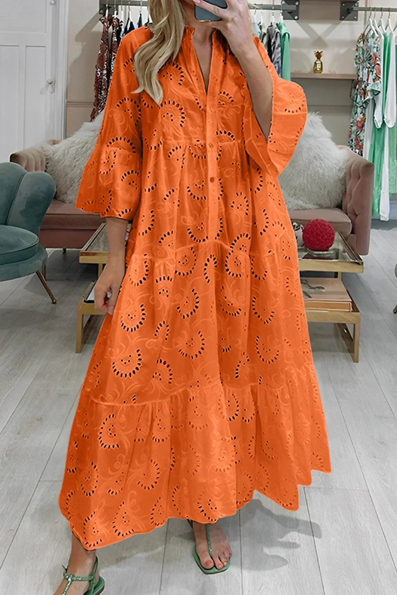 Isabelle | Romantic Eyelet Embroidery Maxi Dress with Elegant 3/4 Sleeves