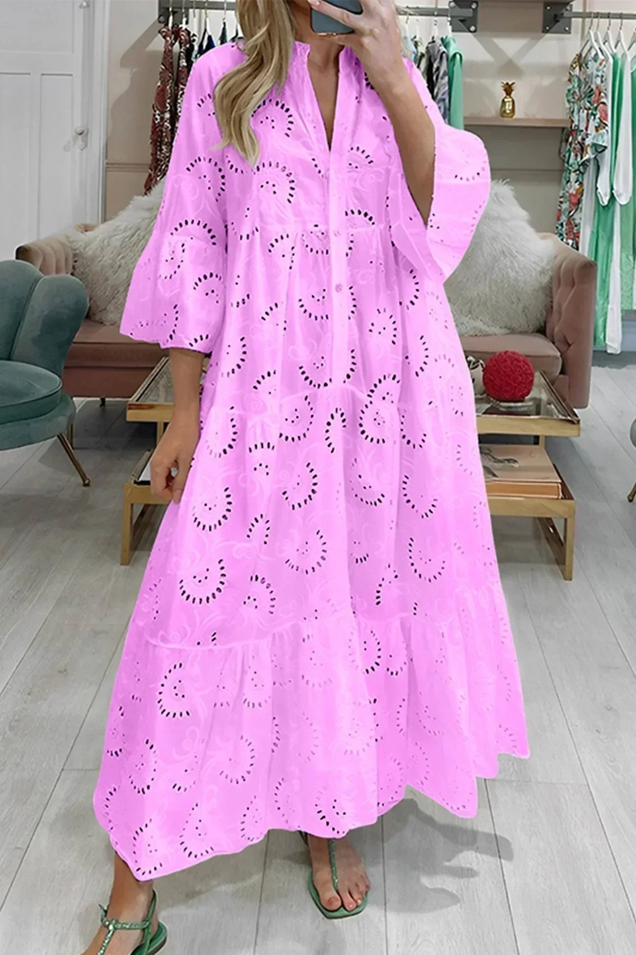 Isabelle | Romantic Eyelet Embroidery Maxi Dress with Elegant 3/4 Sleeves