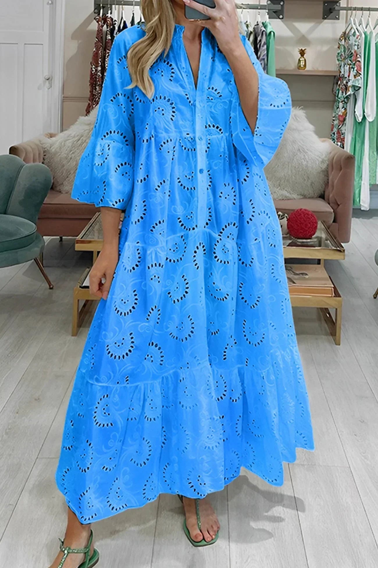 Isabelle | Romantic Eyelet Embroidery Maxi Dress with Elegant 3/4 Sleeves