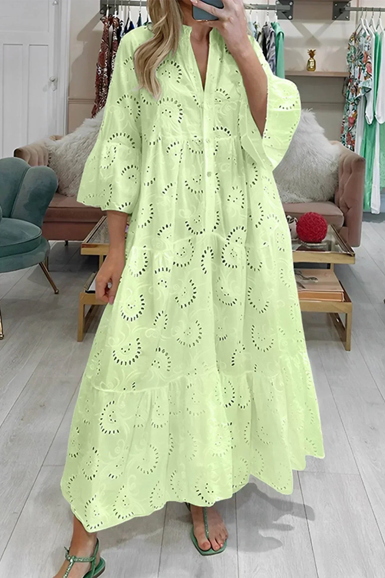 Isabelle | Romantic Eyelet Embroidery Maxi Dress with Elegant 3/4 Sleeves