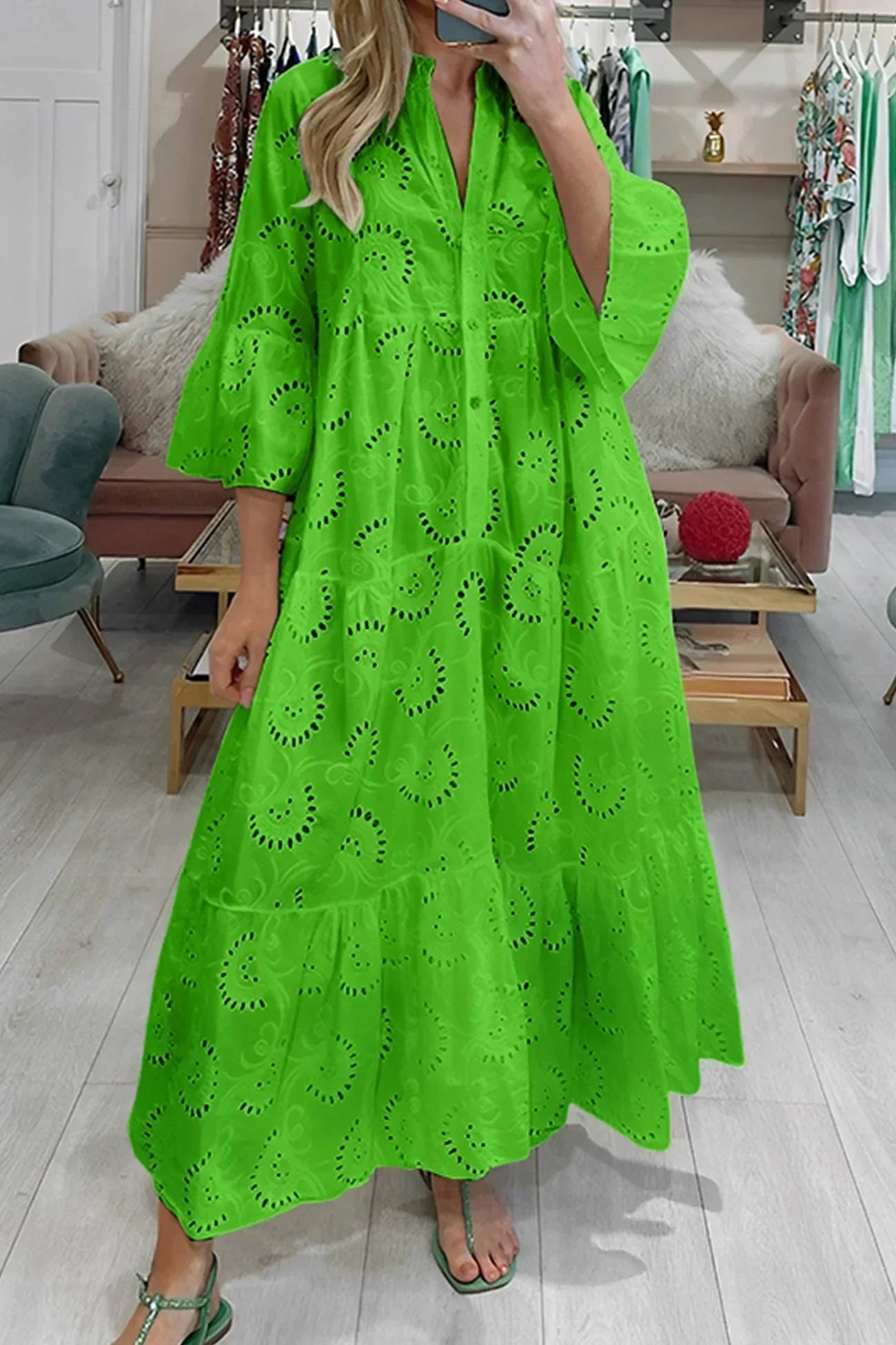 Isabelle | Romantic Eyelet Embroidery Maxi Dress with Elegant 3/4 Sleeves