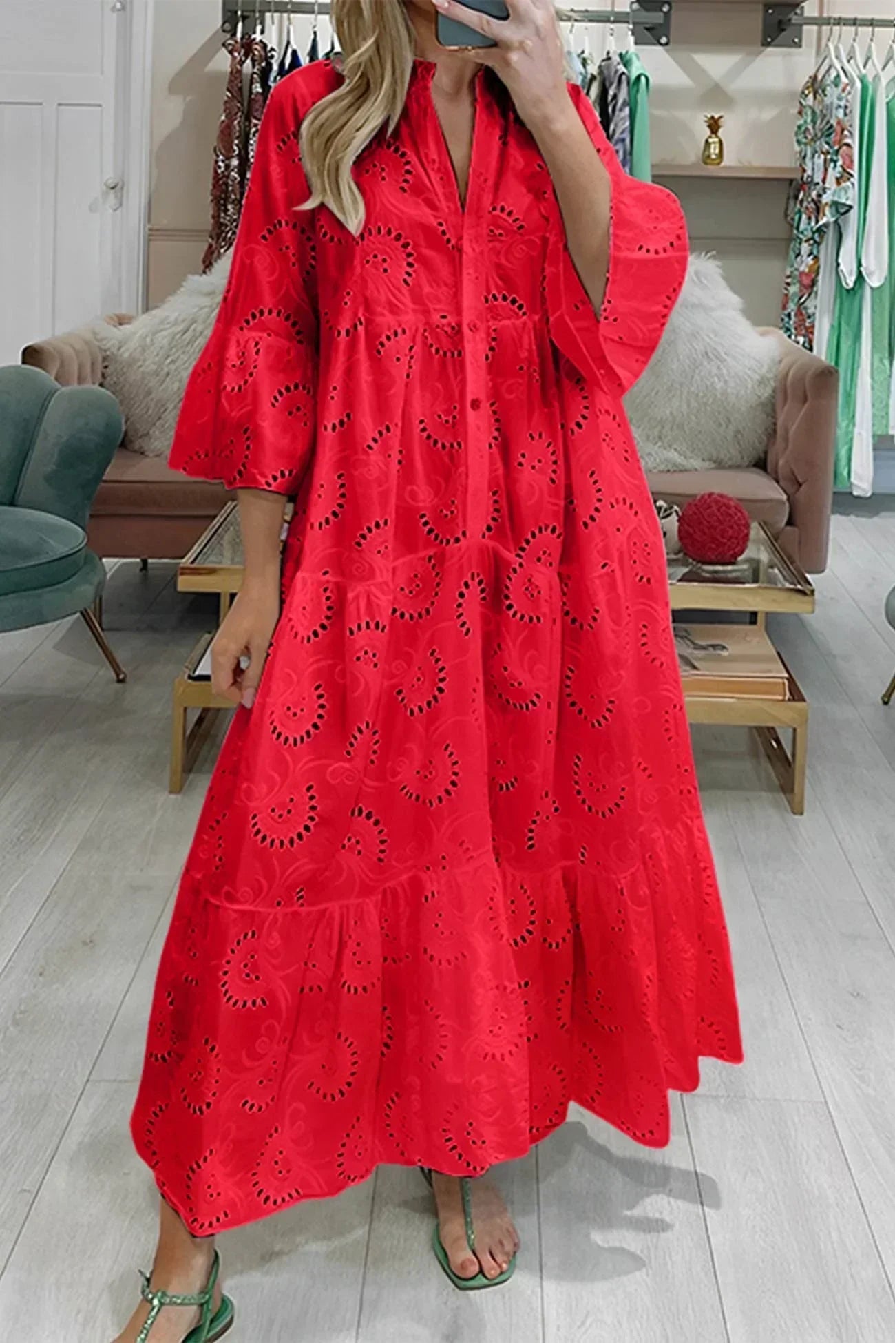 Isabelle | Romantic Eyelet Embroidery Maxi Dress with Elegant 3/4 Sleeves