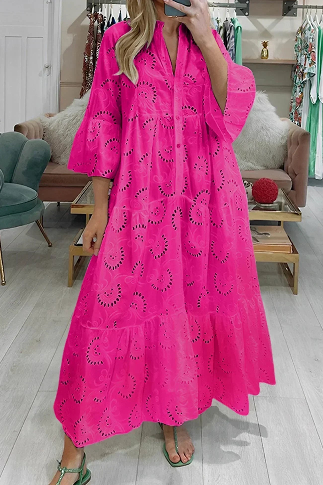 Isabelle | Romantic Eyelet Embroidery Maxi Dress with Elegant 3/4 Sleeves