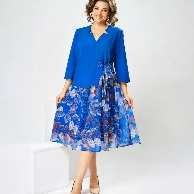 Sophia | Elegant Faux Two-Piece Leaf Print Midi Dress