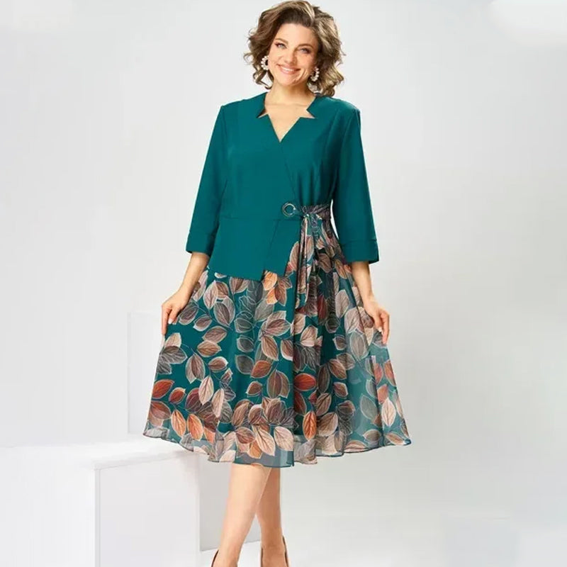 Sophia | Elegant Faux Two-Piece Leaf Print Midi Dress