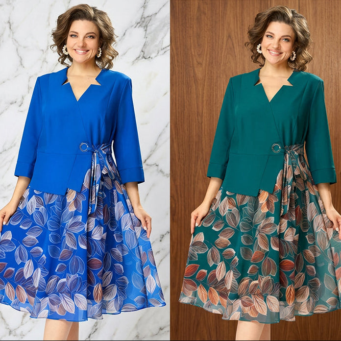 Sophia | Elegant Faux Two-Piece Leaf Print Midi Dress