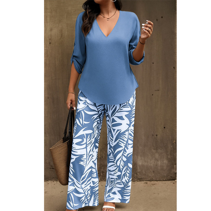 Leire | V-Neck Blouse & Botanical Wide-Leg Trouser Set