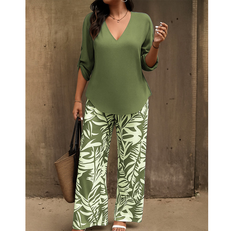 Leire | V-Neck Blouse & Botanical Wide-Leg Trouser Set