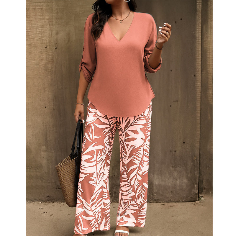 Leire | V-Neck Blouse & Botanical Wide-Leg Trouser Set