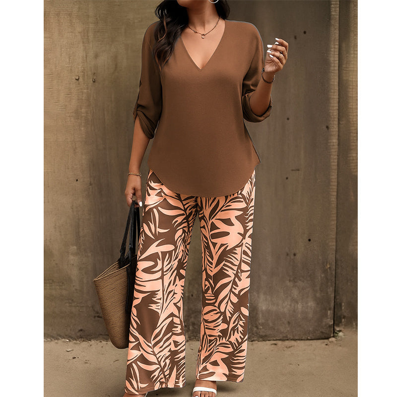 Leire | V-Neck Blouse & Botanical Wide-Leg Trouser Set