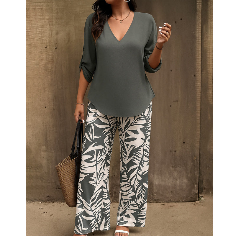 Leire | V-Neck Blouse & Botanical Wide-Leg Trouser Set