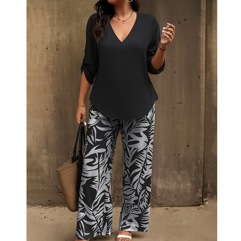 Leire | V-Neck Blouse & Botanical Wide-Leg Trouser Set