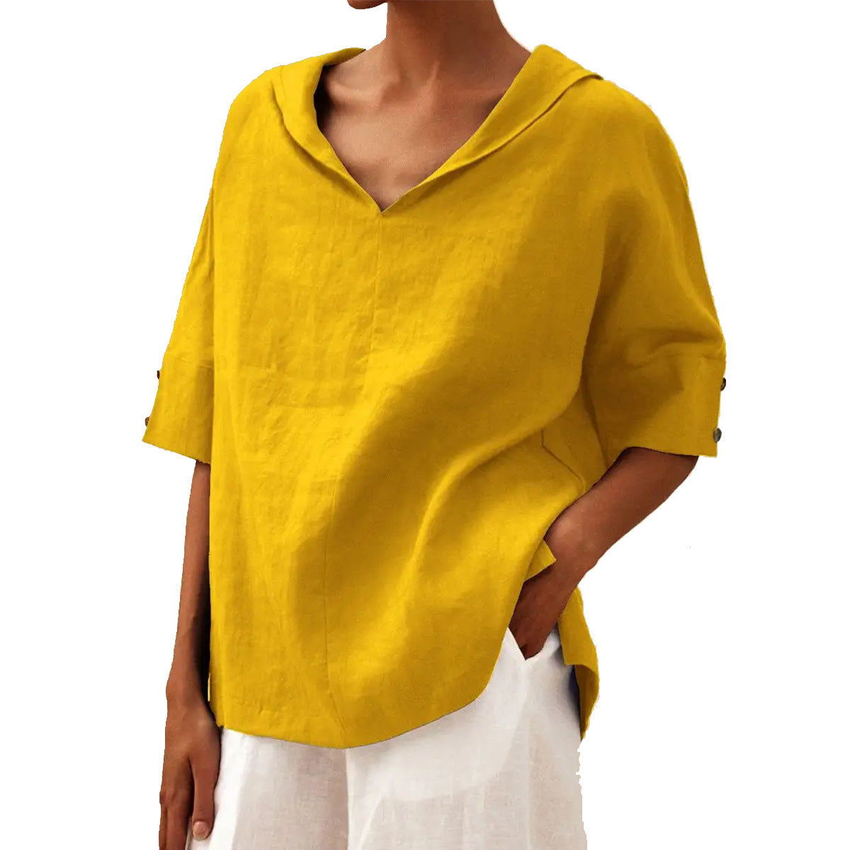 The classic linen blouse with a V-neck